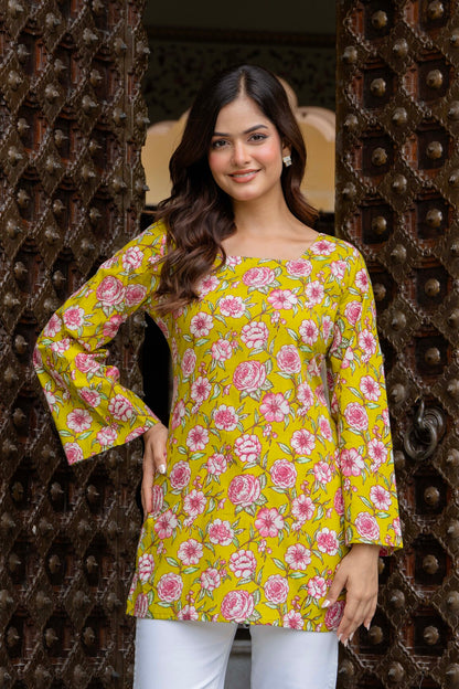 Sunshine Yellow Floral Cotton Top for Women | Statement Festive Casual Top