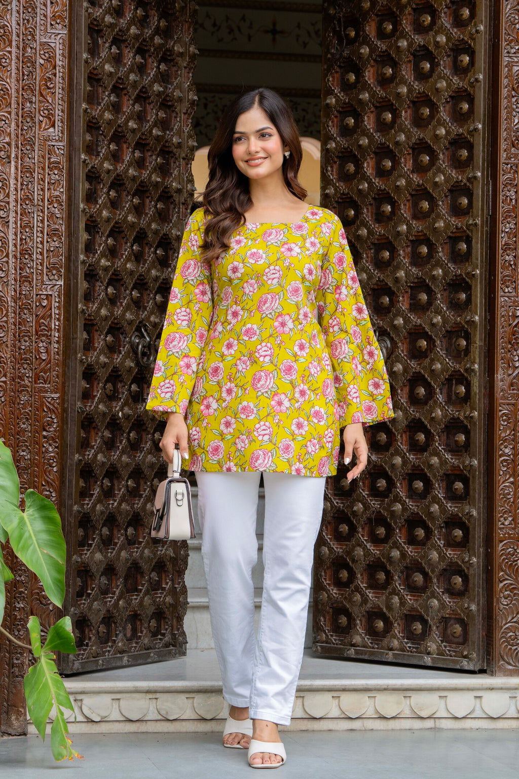 Sunshine Yellow Floral Cotton Top for Women | Statement Festive Casual Top