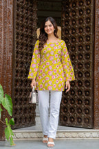 Sunshine Yellow Floral Cotton Top for Women | Statement Festive Casual Top