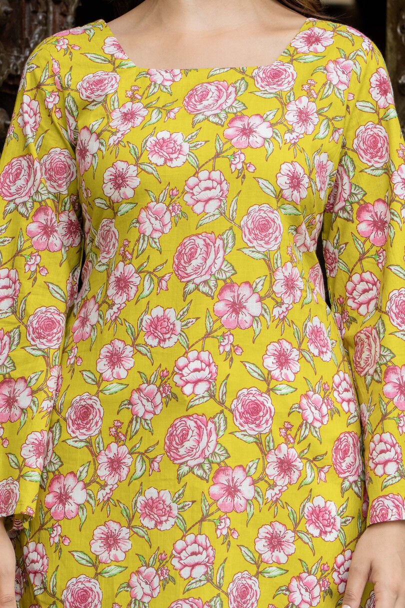 Sunshine Yellow Floral Cotton Top for Women | Statement Festive Casual Top