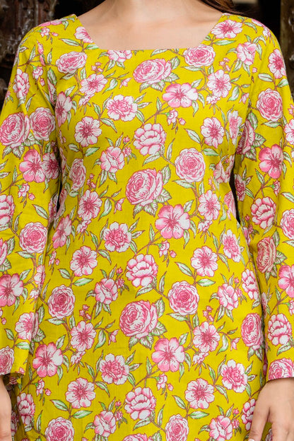 Sunshine Yellow Floral Cotton Top for Women | Statement Festive Casual Top