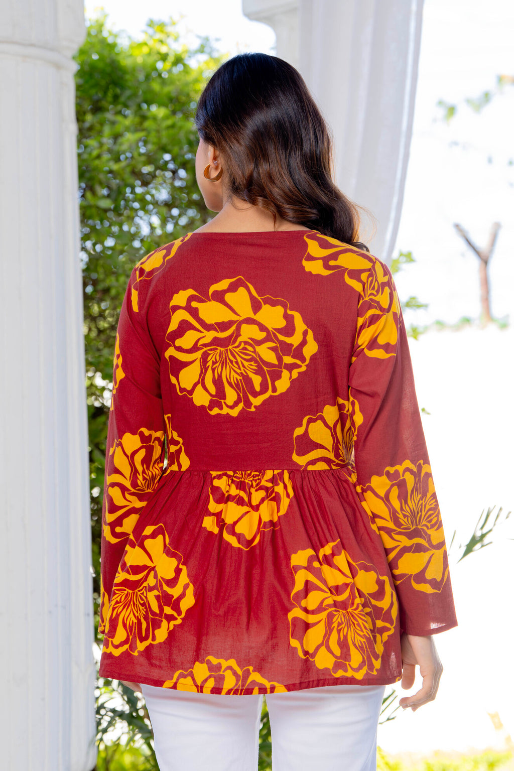 Maroon Floral Cotton Top for Women | V-Neck Casual College Wear Top
