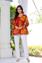 Maroon Floral Cotton Top for Women | V-Neck Casual College Wear Top