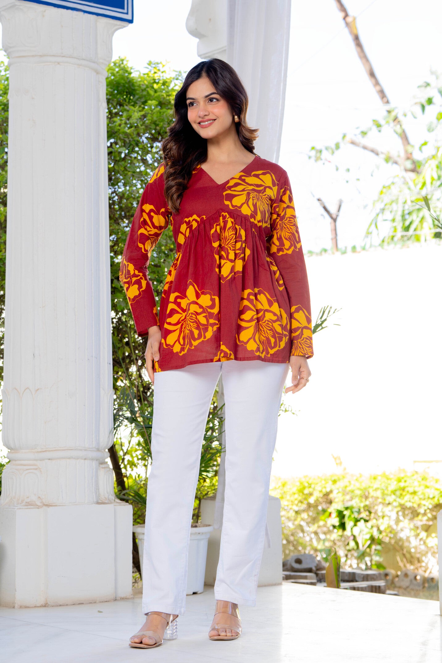 Maroon Floral Cotton Top for Women | V-Neck Casual College Wear Top