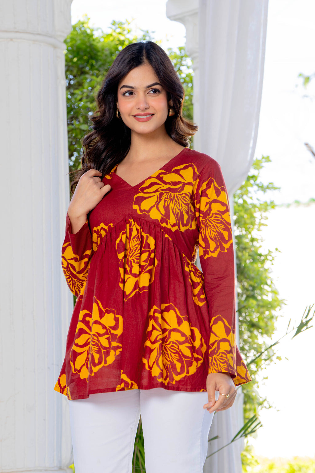 Maroon Floral Cotton Top for Women | V-Neck Casual College Wear Top