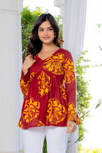 Maroon Floral Cotton Top for Women | V-Neck Casual College Wear Top