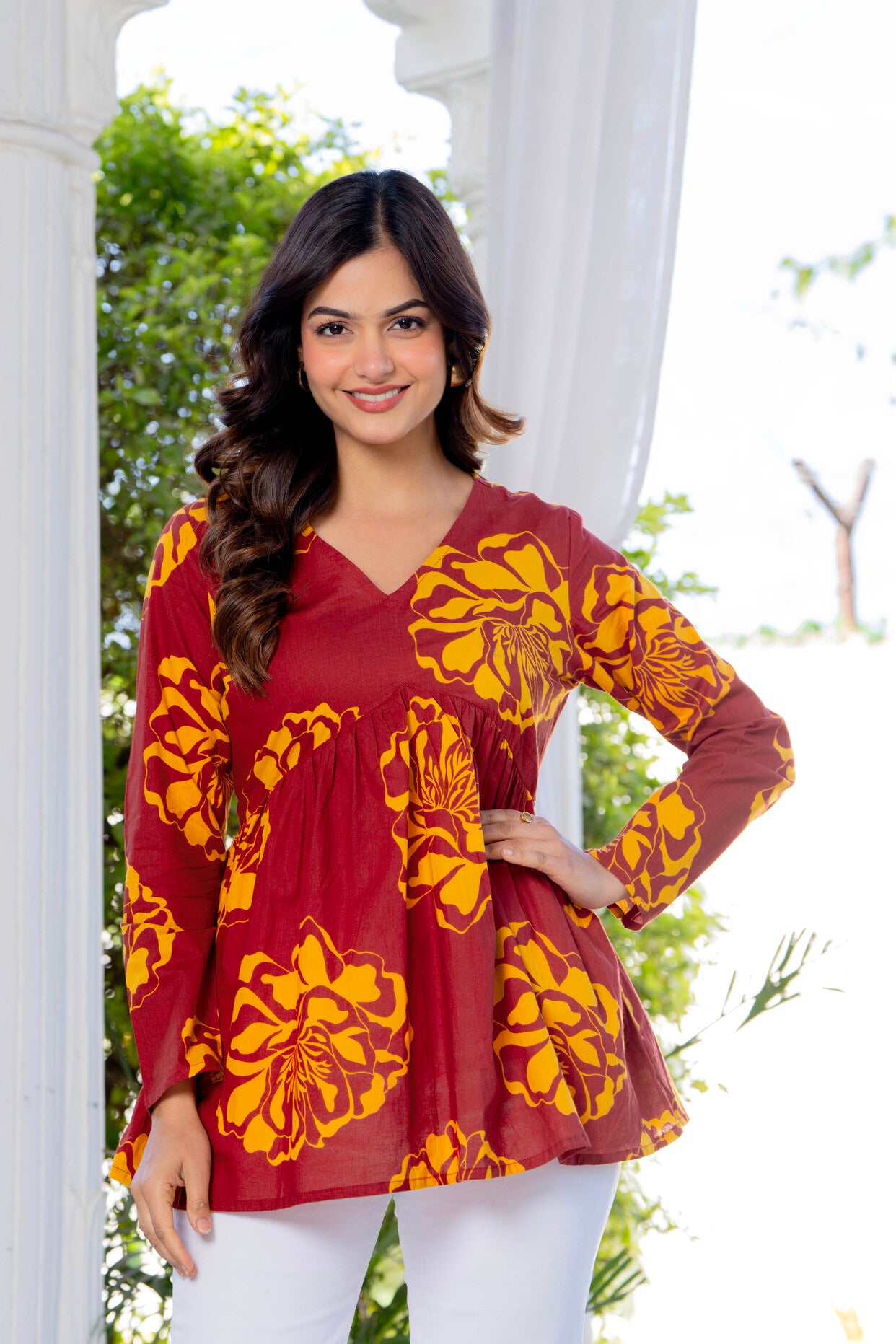 Maroon Floral Cotton Top for Women | V-Neck Casual College Wear Top