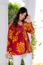 Maroon Floral Cotton Top for Women | V-Neck Casual College Wear Top