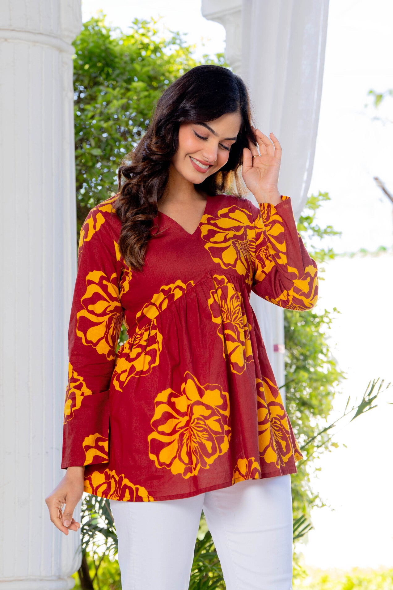 Maroon Floral Cotton Top for Women | V-Neck Casual College Wear Top