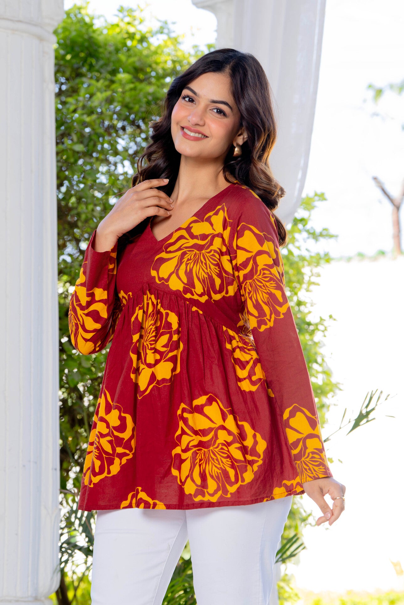 Maroon Floral Cotton Top for Women | V-Neck Casual College Wear Top