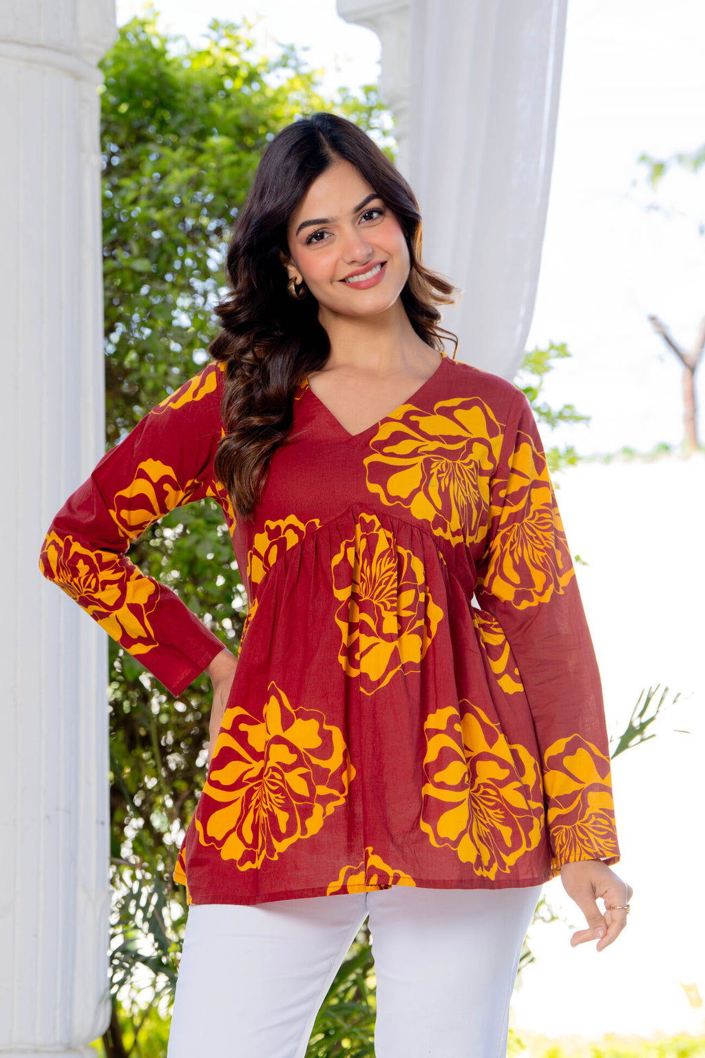 Maroon Floral Cotton Top for Women | V-Neck Casual College Wear Top