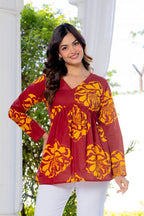 Maroon Floral Cotton Top for Women | V-Neck Casual College Wear Top