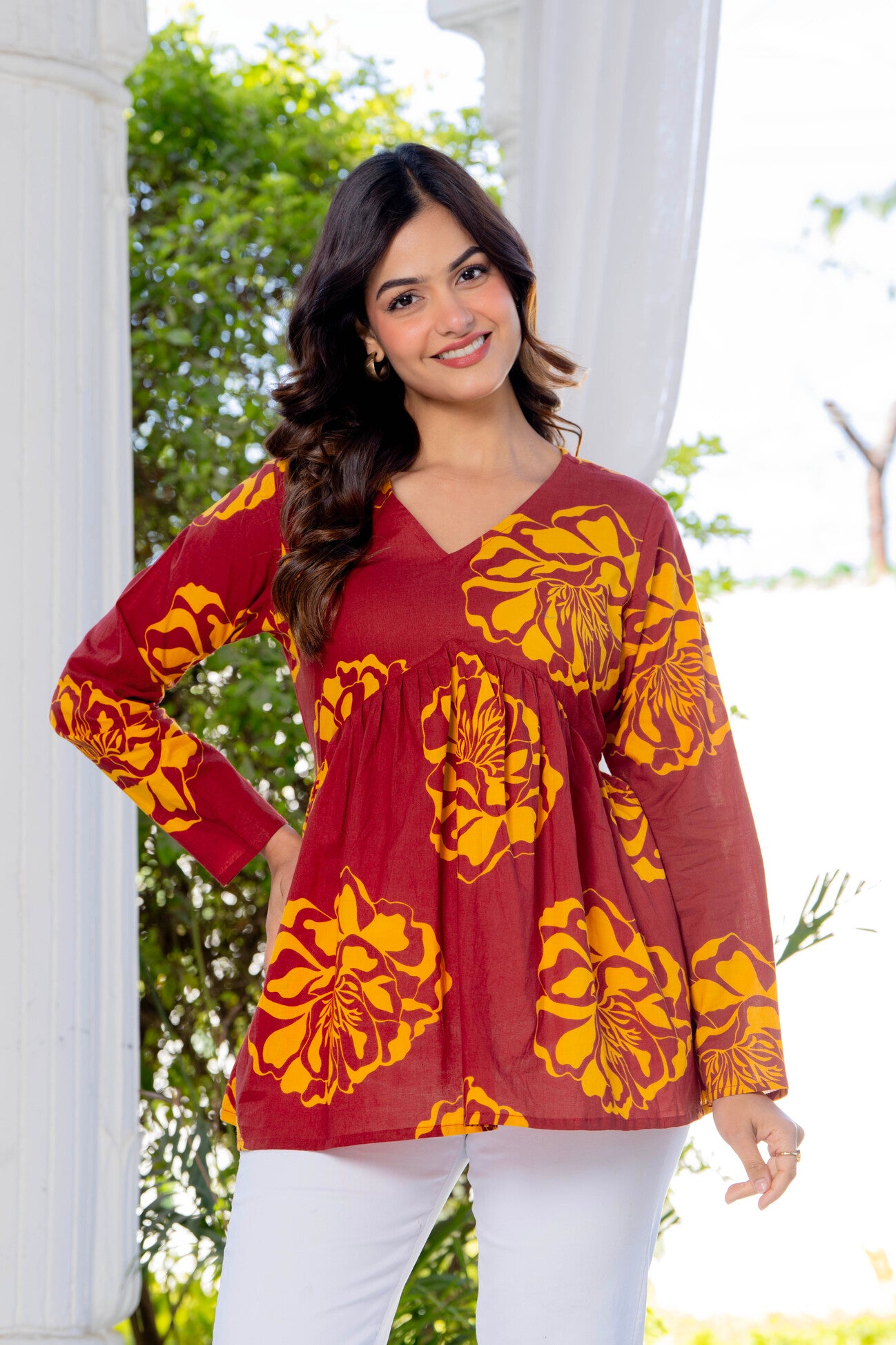 Maroon Floral Cotton Top for Women | V-Neck Casual College Wear Top