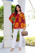 Maroon Floral Cotton Top for Women | V-Neck Casual College Wear Top