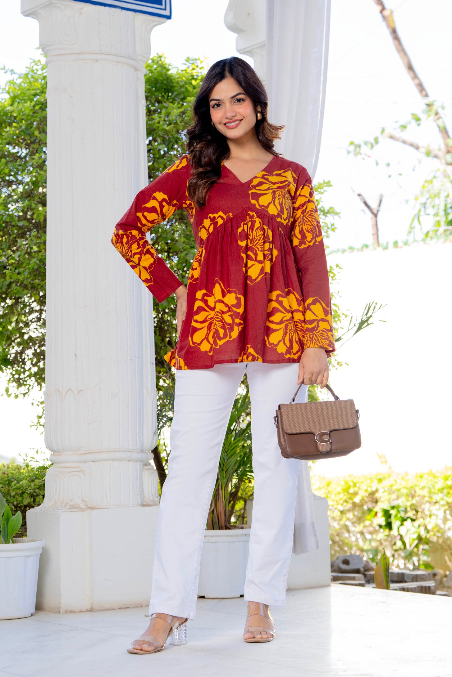 Maroon Floral Cotton Top for Women | V-Neck Casual College Wear Top