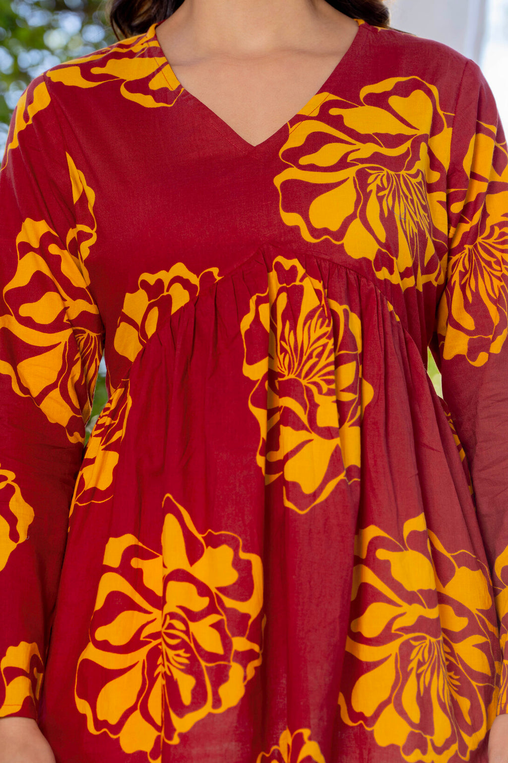 Maroon Floral Cotton Top for Women | V-Neck Casual College Wear Top