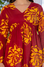 Maroon Floral Cotton Top for Women | V-Neck Casual College Wear Top