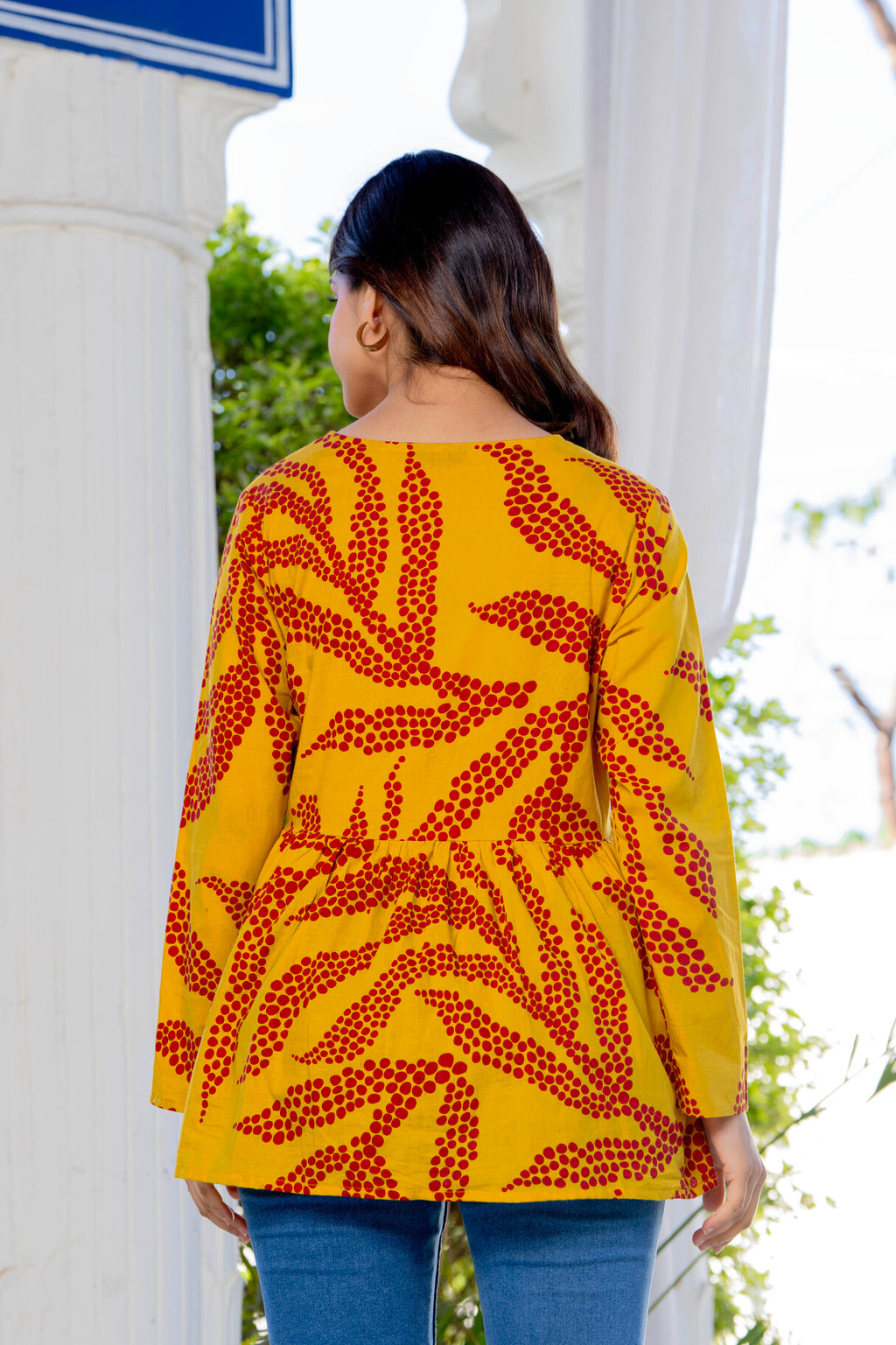Mustard Yellow Cotton Printed Top for Women | V-Neck Casual College Wear Top
