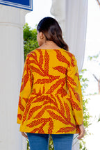 Mustard Yellow Cotton Printed Top for Women | V-Neck Casual College Wear Top