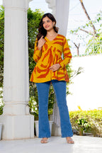 Mustard Yellow Cotton Printed Top for Women | V-Neck Casual College Wear Top