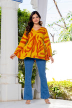 Mustard Yellow Cotton Printed Top for Women | V-Neck Casual College Wear Top