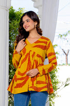 Mustard Yellow Cotton Printed Top for Women | V-Neck Casual College Wear Top