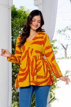 Mustard Yellow Cotton Printed Top for Women | V-Neck Casual College Wear Top
