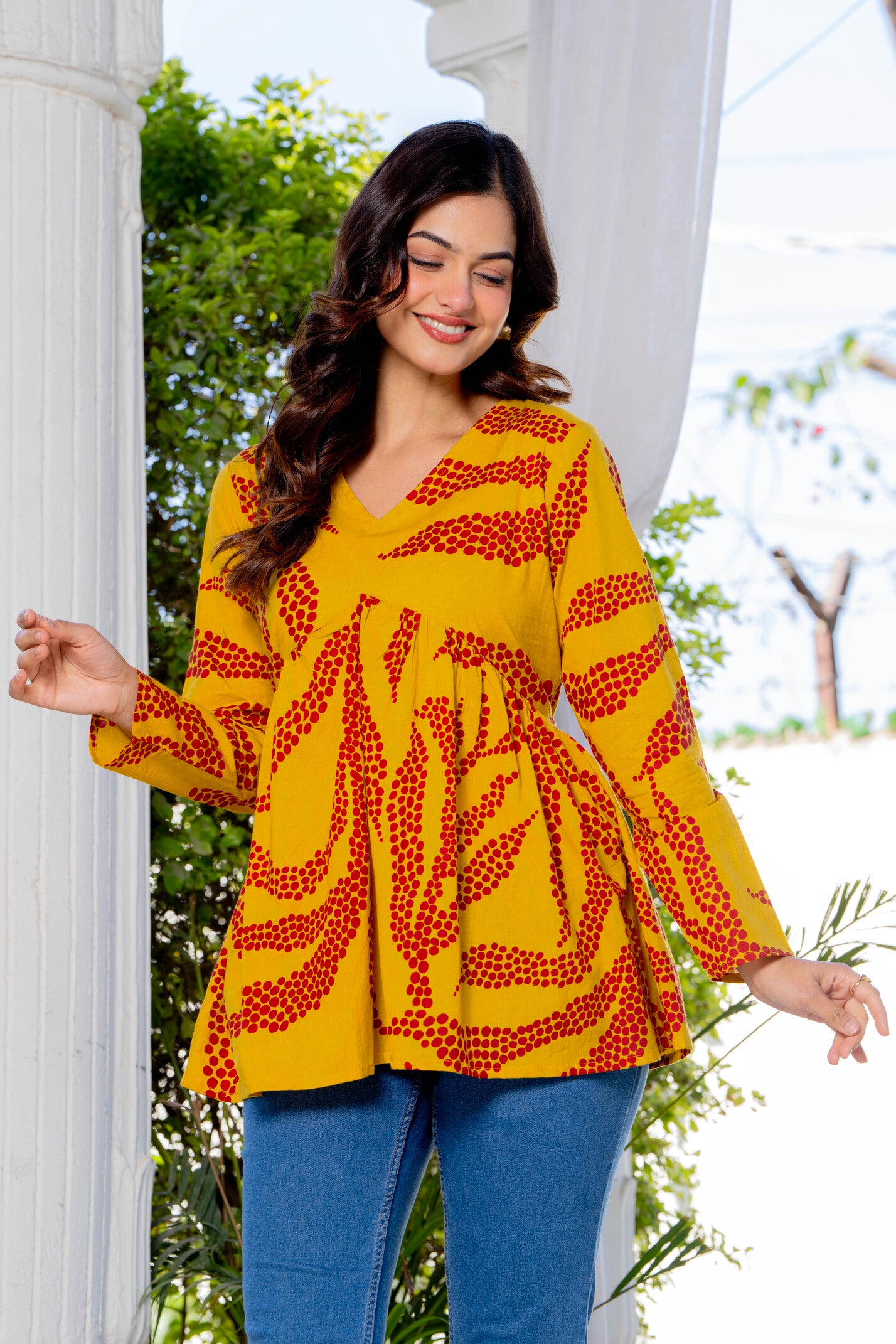 Mustard Yellow Cotton Printed Top for Women | V-Neck Casual College Wear Top