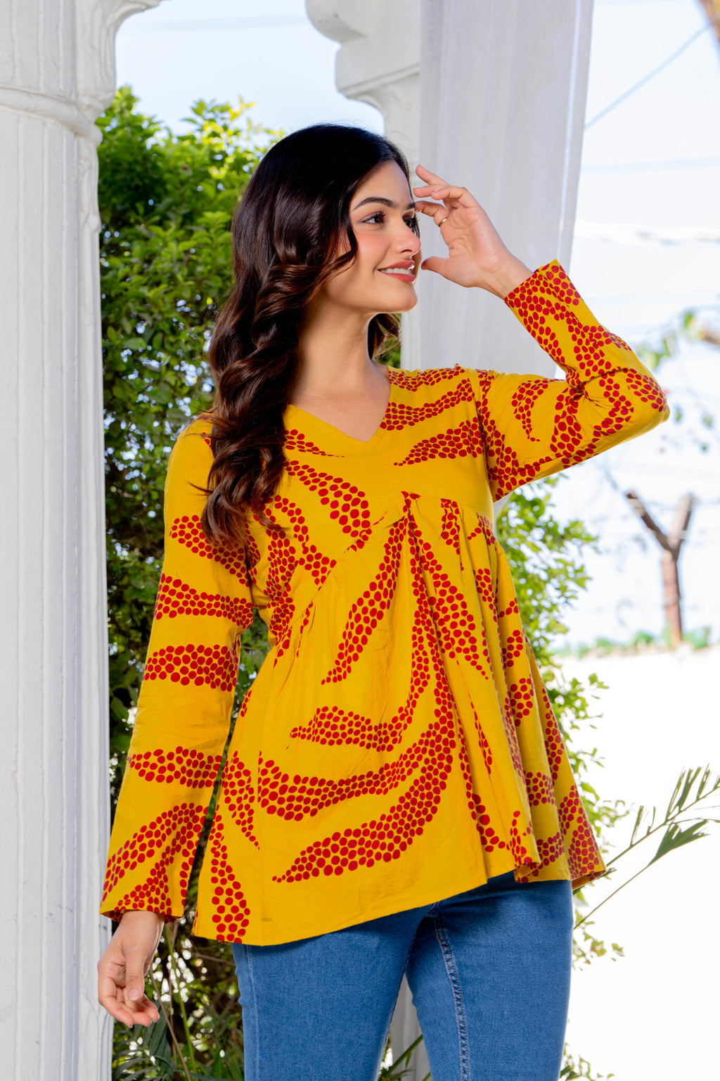 Mustard Yellow Cotton Printed Top for Women | V-Neck Casual College Wear Top
