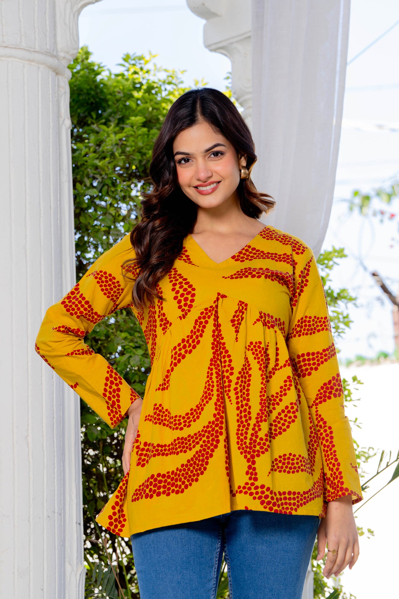Mustard Yellow Cotton Printed Top for Women | V-Neck Casual College Wear Top