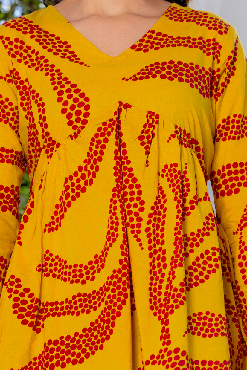 Mustard Yellow Cotton Printed Top for Women | V-Neck Casual College Wear Top