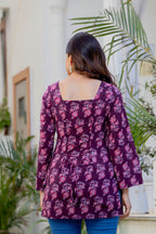Wine Purple Printed Cotton Top for Women | Ethnic Daily Wear Square Neck Top