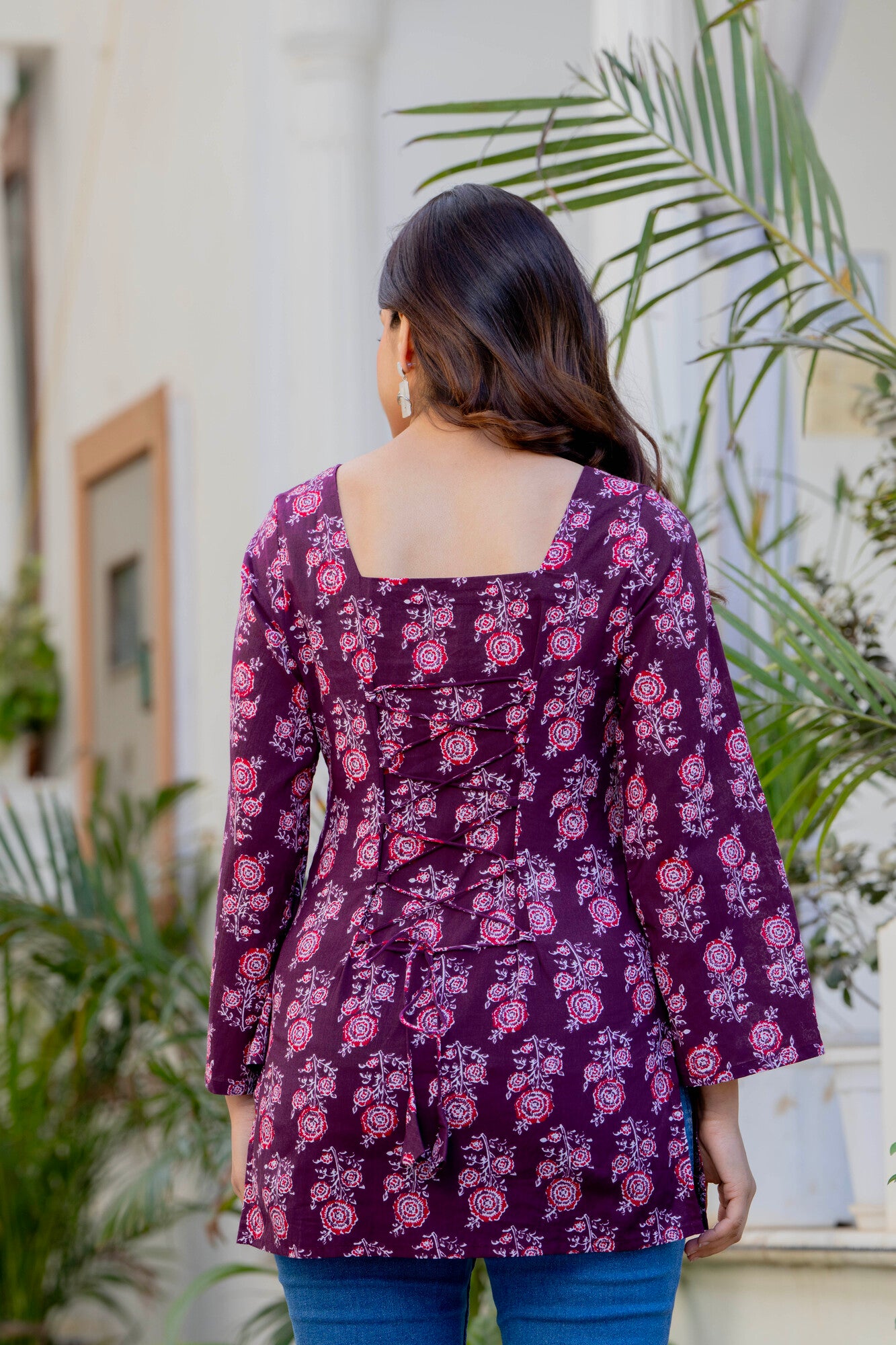 Wine Purple Printed Cotton Top for Women | Ethnic Daily Wear Square Neck Top