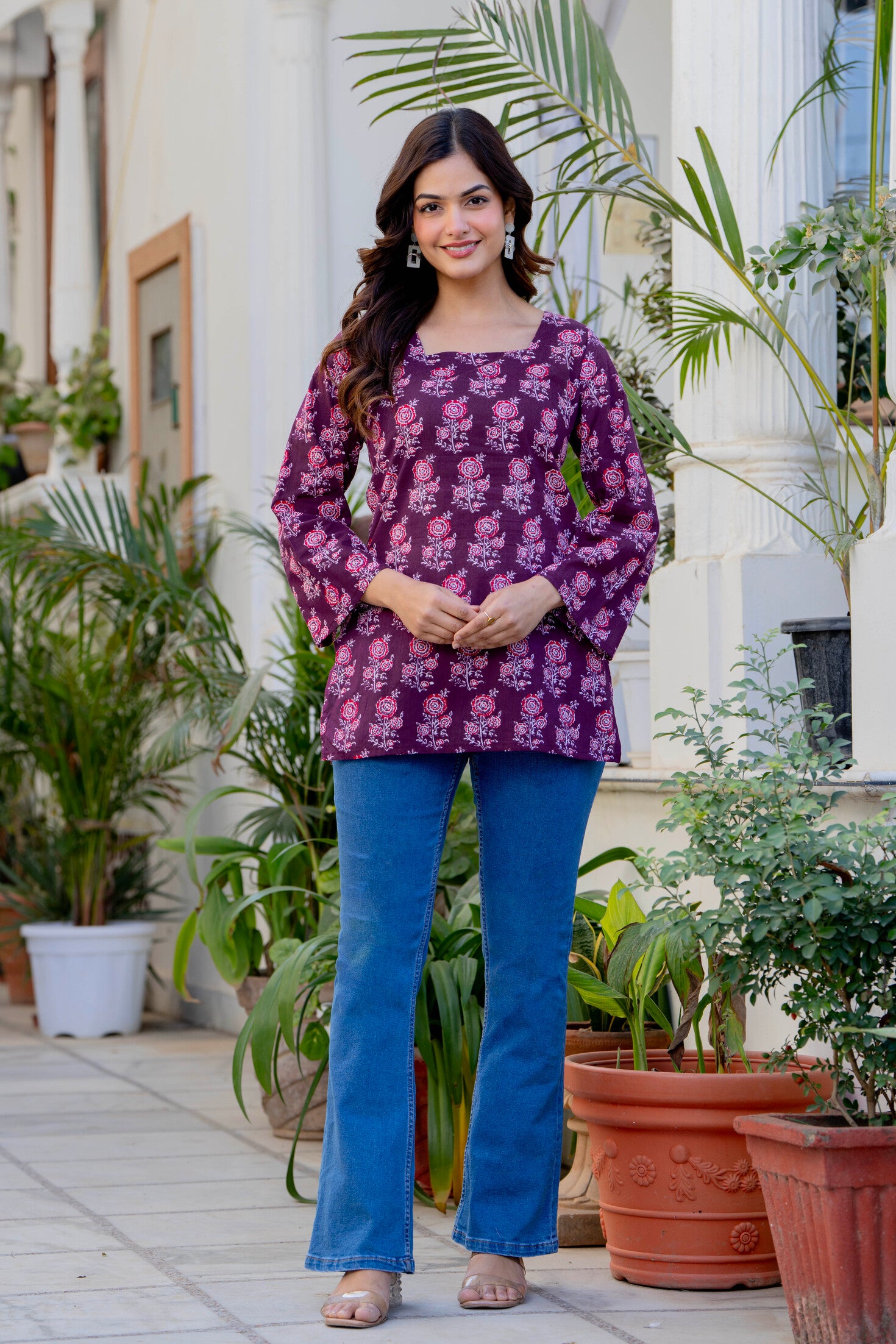 Wine Purple Printed Cotton Top for Women | Ethnic Daily Wear Square Neck Top