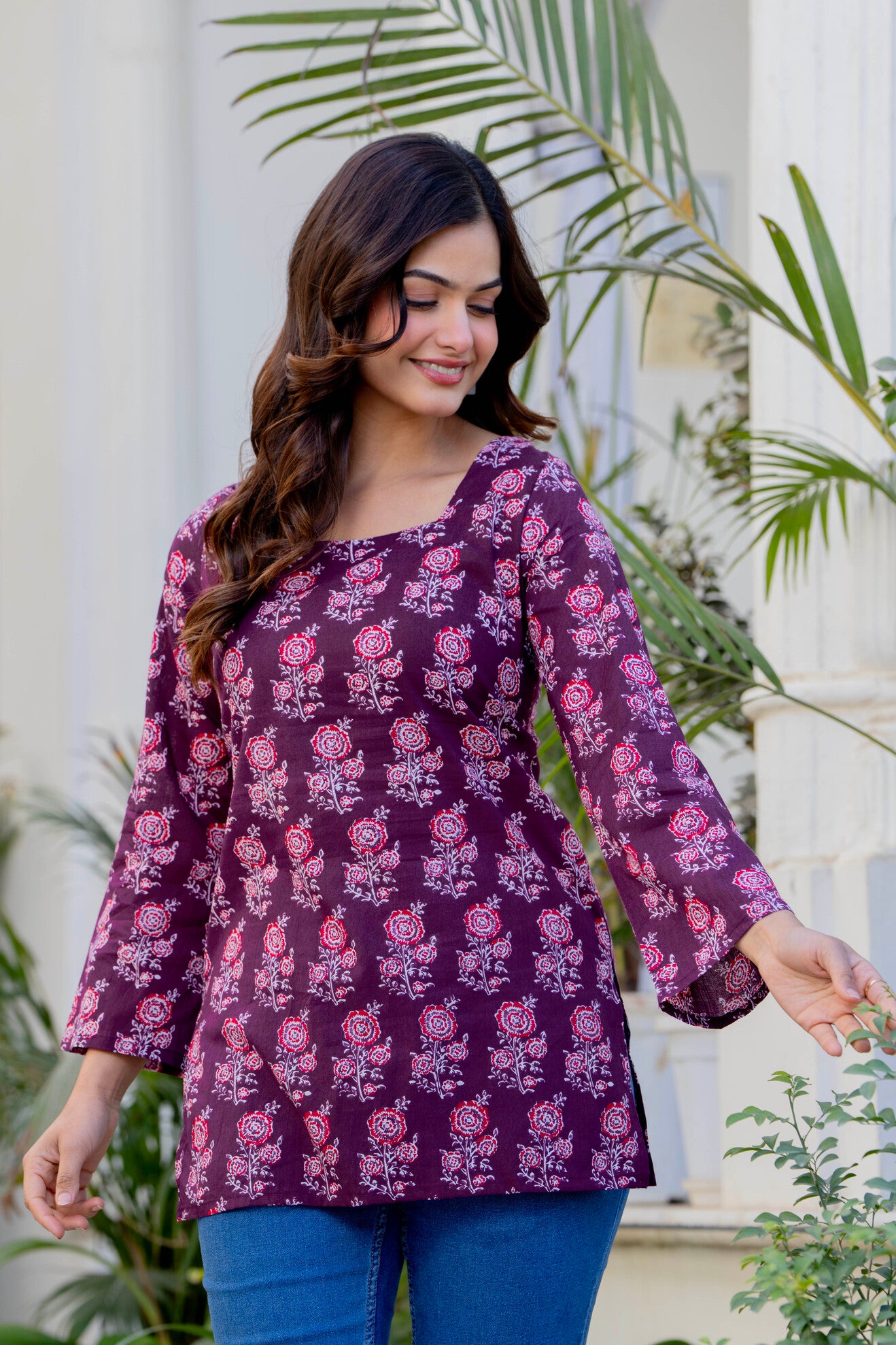 Wine Purple Printed Cotton Top for Women | Ethnic Daily Wear Square Neck Top