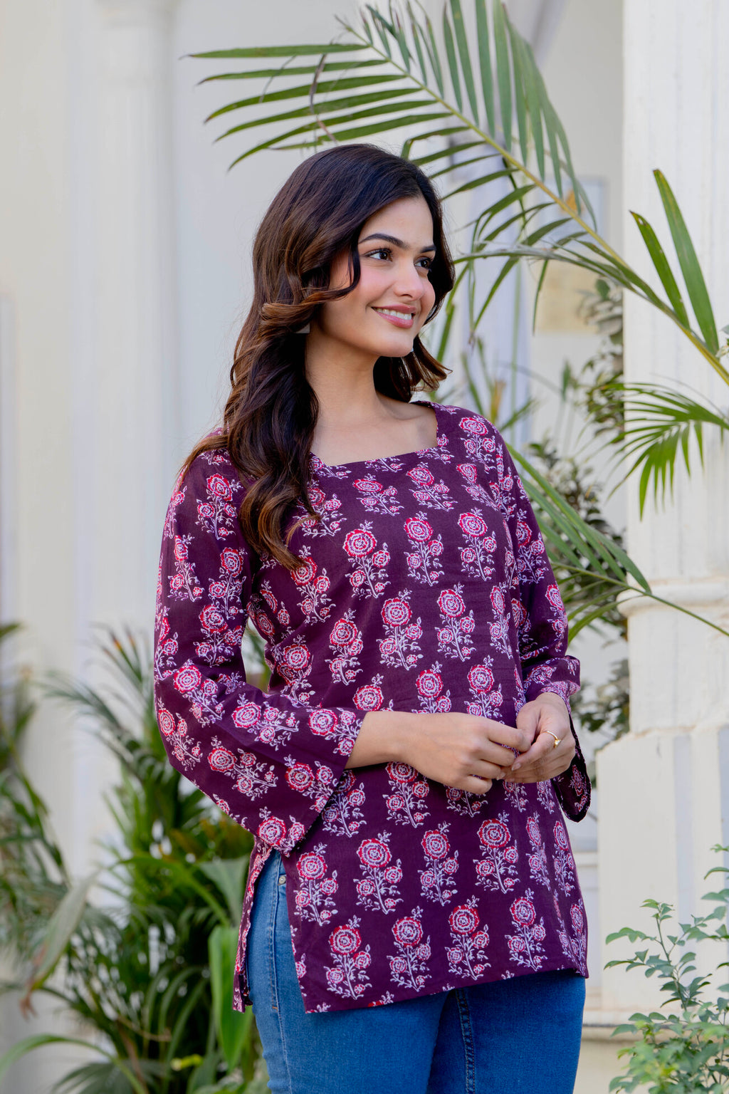 Wine Purple Printed Cotton Top for Women | Ethnic Daily Wear Square Neck Top