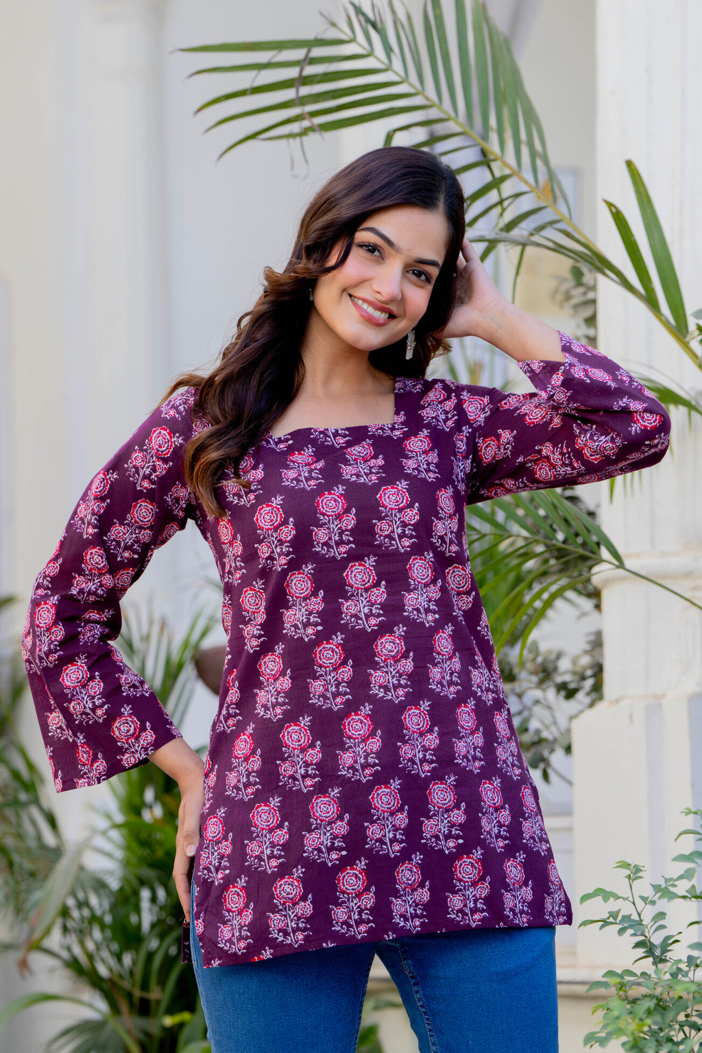 Wine Purple Printed Cotton Top for Women | Ethnic Daily Wear Square Neck Top
