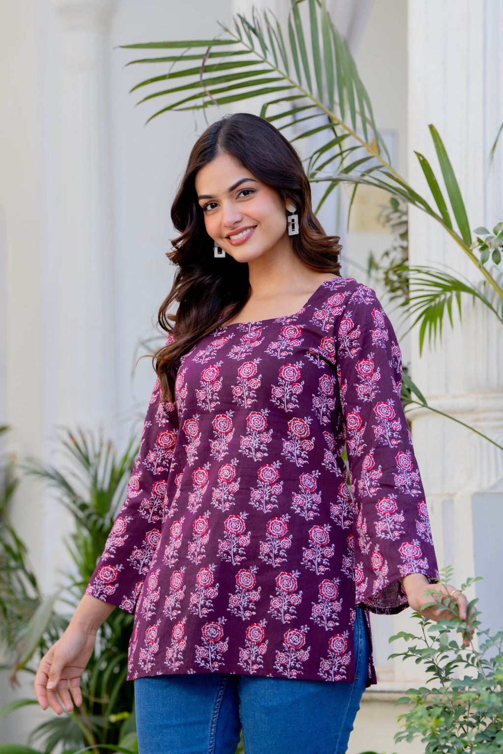 Wine Purple Printed Cotton Top for Women | Ethnic Daily Wear Square Neck Top