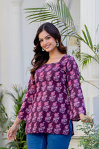 Wine Purple Printed Cotton Top for Women | Ethnic Daily Wear Square Neck Top