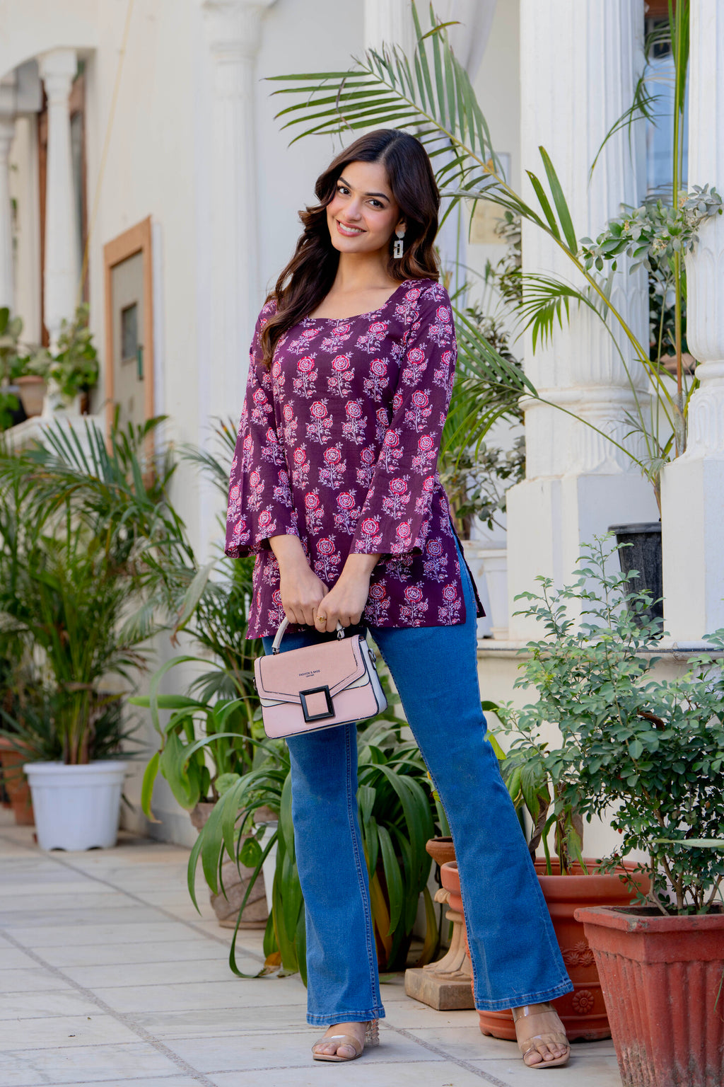 Wine Purple Printed Cotton Top for Women | Ethnic Daily Wear Square Neck Top