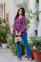 Wine Purple Printed Cotton Top for Women | Ethnic Daily Wear Square Neck Top