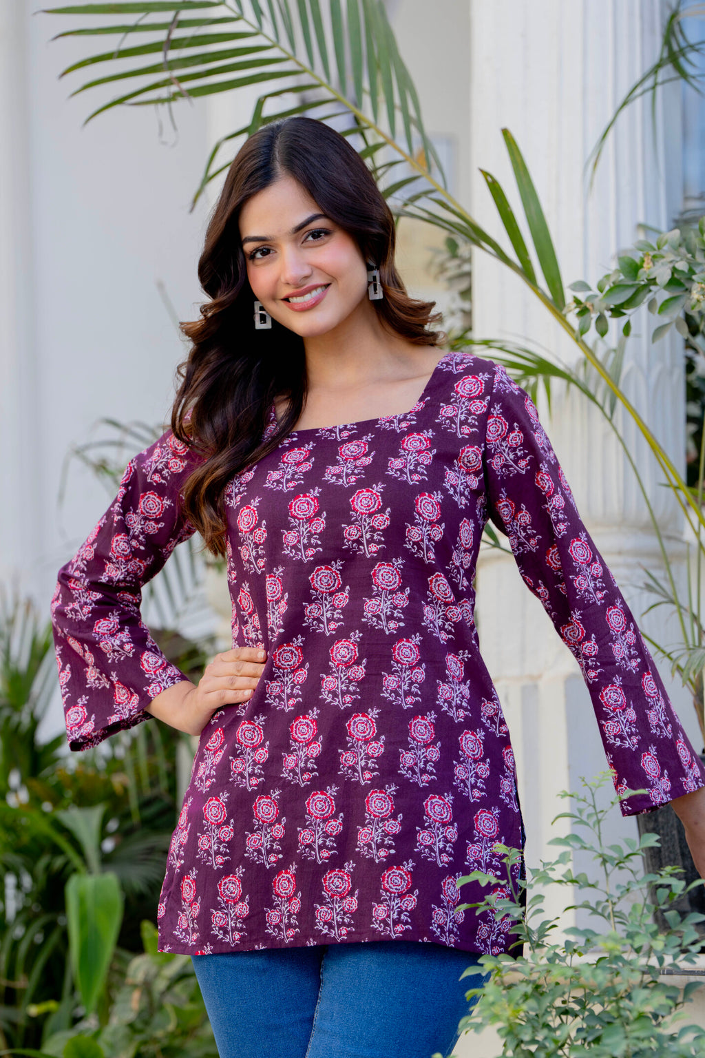 Wine Purple Printed Cotton Top for Women | Ethnic Daily Wear Square Neck Top