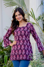 Wine Purple Printed Cotton Top for Women | Ethnic Daily Wear Square Neck Top