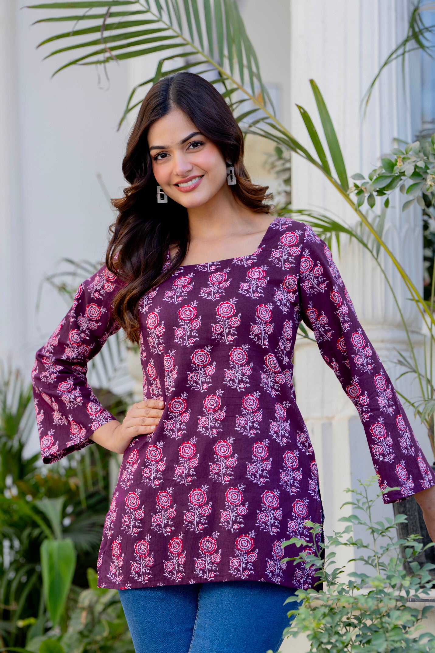 Wine Purple Printed Cotton Top for Women | Ethnic Daily Wear Square Neck Top