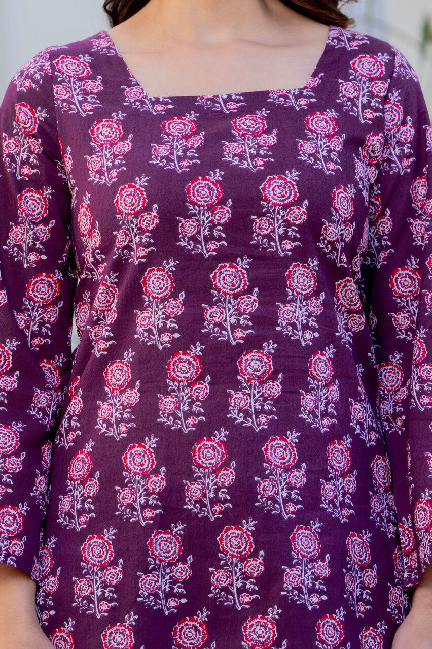 Wine Purple Printed Cotton Top for Women | Ethnic Daily Wear Square Neck Top