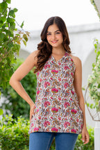 White Floral Halter Neck Top for Women | Chic Sleeveless Summer Top