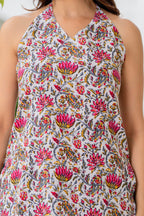 White Floral Halter Neck Top for Women | Chic Sleeveless Summer Top