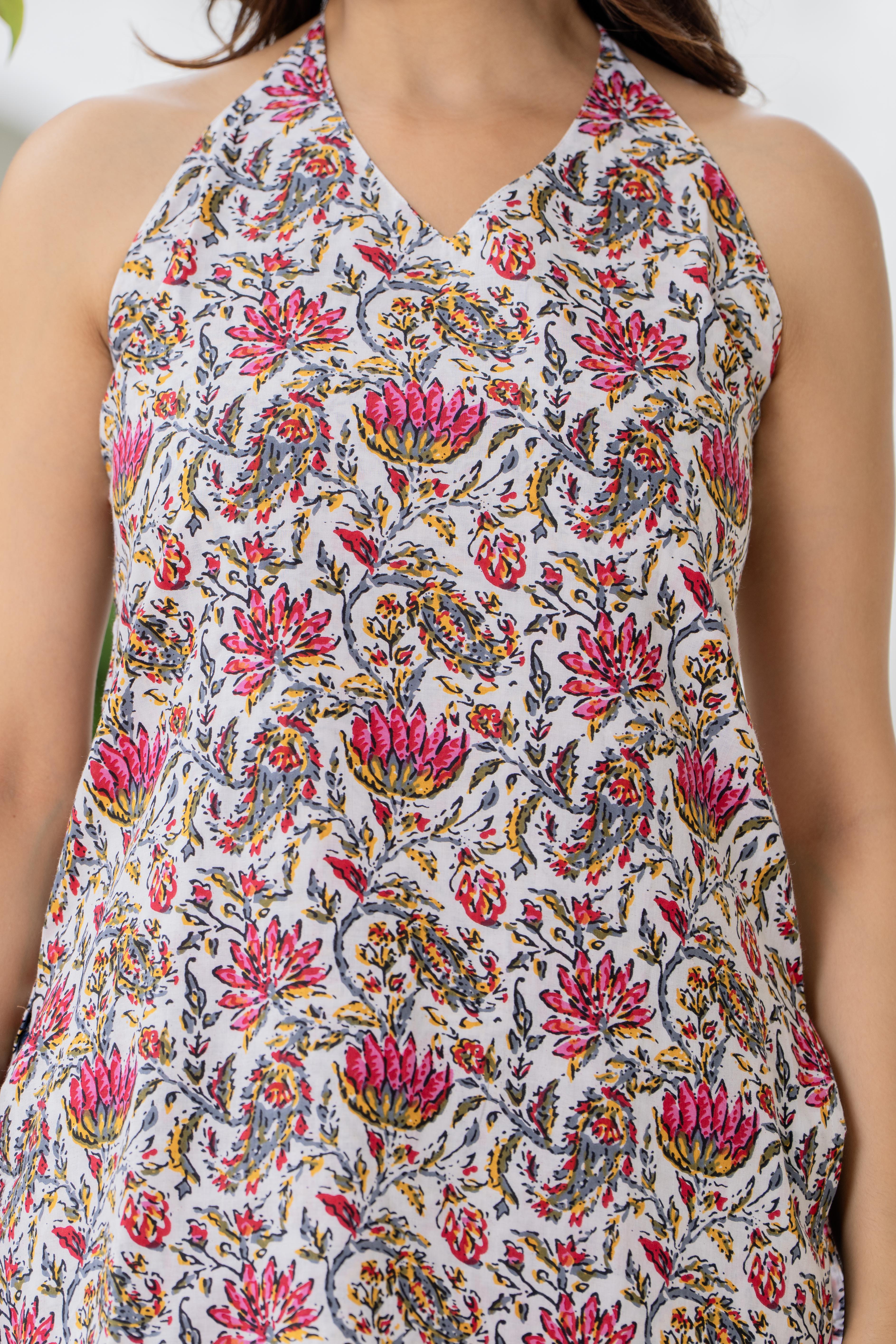 White Floral Halter Neck Top for Women | Chic Sleeveless Summer Top