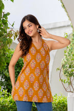 Mustard Ethnic Print Halter Top for Women | Cotton Summer Vacation Wear Top