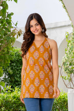 Mustard Ethnic Print Halter Top for Women | Cotton Summer Vacation Wear Top